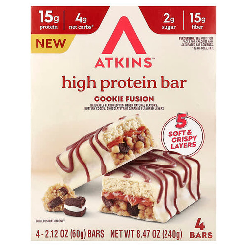 <img alt="Atkins, High Protein Bar, Cookie Fusion, 4 Bars, 2.12 oz (60 g) Each" title="Atkins, High Protein Bar, Cookie Fusion, 4 Bars, 2.12 oz (60 g) Each,637480005029"
