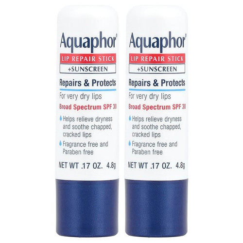 <img alt="Aquaphor, Lip Repair Stick + Sunscreen, SPF 30, Fragrance Free, 2 Sticks, 0.17 oz (4.8 g) Each" title="Aquaphor, Lip Repair Stick + Sunscreen, SPF 30, Fragrance Free, 2 Sticks, 0.17 oz (4.8 g) Each,072140031237"