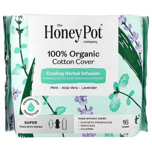 <img alt="The Honey Pot Company, 100% Organic Cotton Cover, Pads with Wings, Super, 16 Count" title="The Honey Pot Company, 100% Organic Cotton Cover, Pads with Wings, Super, 16 Count,851669008742"