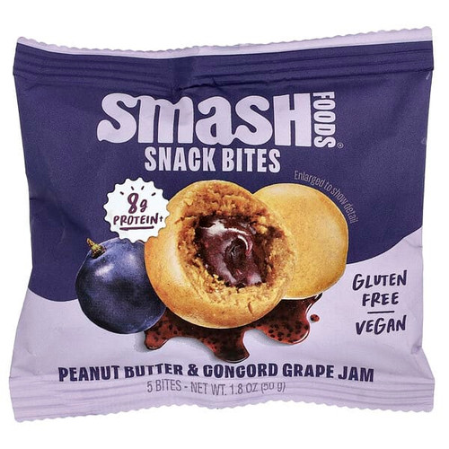 <img alt="3 PACK of Smash Foods, Snack Bites, Peanut Butter & Concord Grape Jam, 5 Bites, 1.8 oz (50 g)" title="3 PACK of Smash Foods, Snack Bites, Peanut Butter & Concord Grape Jam, 5 Bites, 1.8 oz (50 g),850055550292"