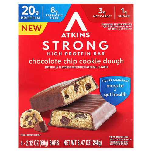 <img alt="Atkins, Strong, High Protein Bar, Chocolate Chip Cookie Dough, 4 Bars, 2.12 oz (60 g) Each" title="Atkins, Strong, High Protein Bar, Chocolate Chip Cookie Dough, 4 Bars, 2.12 oz (60 g) Each,637480005845"