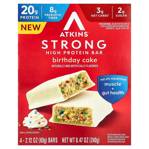 <img alt="Atkins, Strong, High Protein Bar, Birthday Cake, 4 Bars, 2.12 oz (60 g) Each" title="Atkins, Strong, High Protein Bar, Birthday Cake, 4 Bars, 2.12 oz (60 g) Each,637480005869"