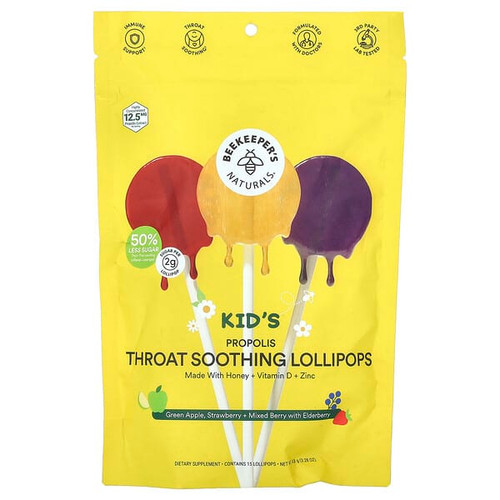 <img alt="Beekeepers Naturals, Kids Propolis Throat Soothing Lollipops, Green Apple, Strawberry + Mixed Berry with Elderberry, 15 Lollipops" title="Beekeepers Naturals, Kids Propolis Throat Soothing Lollipops, Green Apple, Strawberry + Mixed Berry with Elderberry, 15 Lollipops,834706000435"