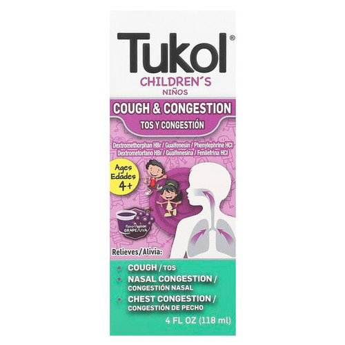 <img alt="Tukol, Childrens, Cough & Congestion, Ages 4+, Grape, 4 fl oz (118 ml)" title="Tukol, Childrens, Cough & Congestion, Ages 4+, Grape, 4 fl oz (118 ml),650066000539"