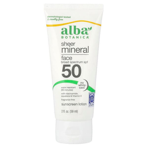 <img alt="Alba Botanica, Sheer Mineral Face Sunscreen Lotion, SPF 50, Fragrance Free, 2 fl oz (59 ml)" title="Alba Botanica, Sheer Mineral Face Sunscreen Lotion, SPF 50, Fragrance Free, 2 fl oz (59 ml),724742010522"