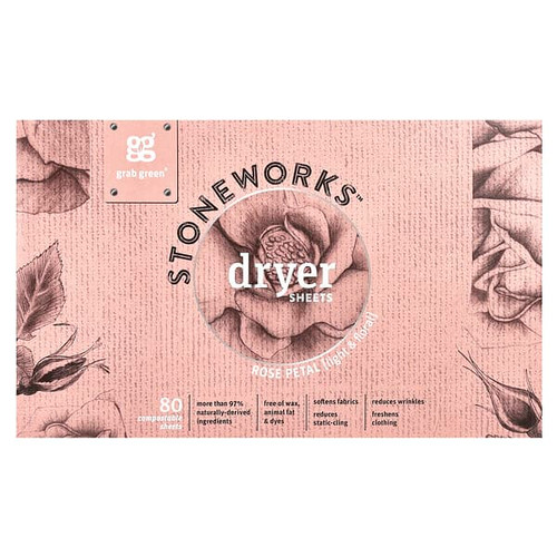 <img alt="Grab Green, Stoneworks, Dryer Sheets, Rose Petal, 80 Compostable Sheets" title="Grab Green, Stoneworks, Dryer Sheets, Rose Petal, 80 Compostable Sheets,856753007328"
