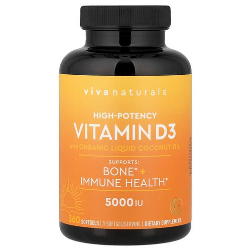 <img alt="Viva Naturals, Vitamin D3 with Organic Liquid Coconut Oil, 125 mcg (5,000 IU), 360 Softgels" title="Viva Naturals, Vitamin D3 with Organic Liquid Coconut Oil, 125 mcg (5,000 IU), 360 Softgels,632930605828"
