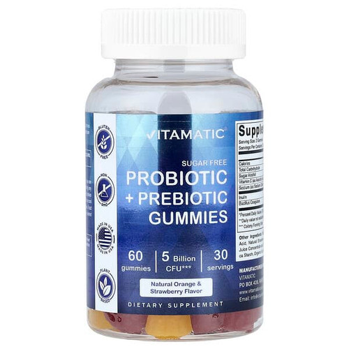 <img alt="Vitamatic, Probiotic + Prebiotic Gummies, Sugar Free, Natural Orange & Strawberry, 60 Gummies (2.5 Billion CFU per Gummy)" title="Vitamatic, Probiotic + Prebiotic Gummies, Sugar Free, Natural Orange & Strawberry, 60 Gummies (2.5 Billion CFU per Gummy),810078471127"
