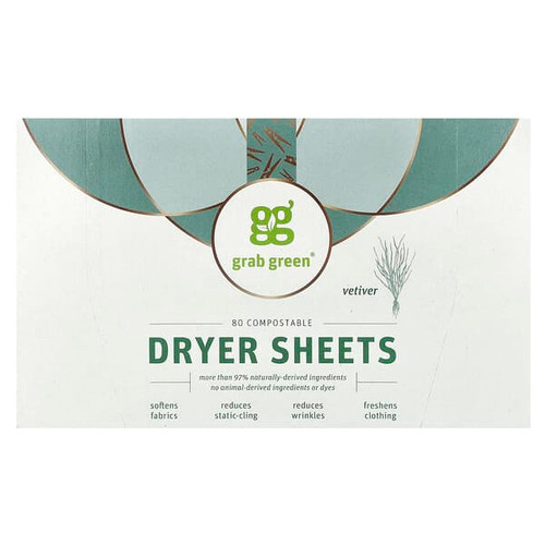 <img alt="Grab Green, Dryer Sheets, Vetiver, 80 Compostable Sheets" title="Grab Green, Dryer Sheets, Vetiver, 80 Compostable Sheets,850031041141"