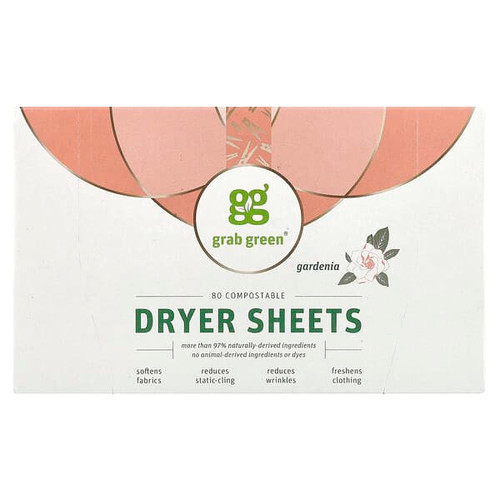<img alt="Grab Green, Dryer Sheets, Gardenia, 80 Compostable Sheets" title="Grab Green, Dryer Sheets, Gardenia, 80 Compostable Sheets,850031041158"