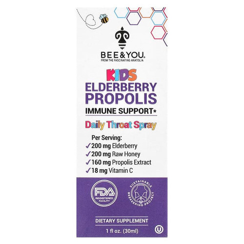 <img alt="Bee & You, Kids Elderberry Propolis Daily Throat Spray, 1 fl oz (30 ml)" title="Bee & You, Kids Elderberry Propolis Daily Throat Spray, 1 fl oz (30 ml),190853003454"