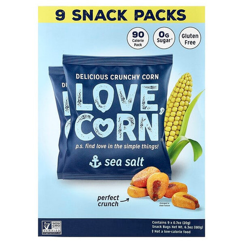 <img alt="Love Corn, Delicious Crunchy Corn, Sea Salt, 9 Packs, 0.7 oz (20 g) Each" title="Love Corn, Delicious Crunchy Corn, Sea Salt, 9 Packs, 0.7 oz (20 g) Each,855596007441"
