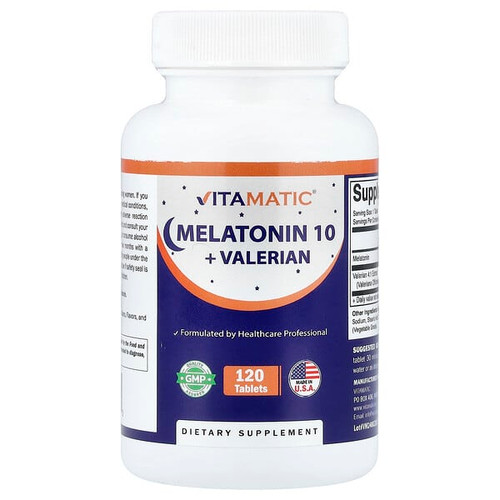 <img alt="Vitamatic, Melatonin 10 + Valerian, 120 Tablets" title="Vitamatic, Melatonin 10 + Valerian, 120 Tablets,810078475545"
