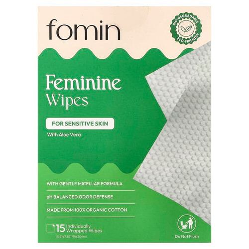 <img alt="fomin, Feminine Wipes, For Sensitive Skin, 15 Individually Wrapped Wipes" title="fomin, Feminine Wipes, For Sensitive Skin, 15 Individually Wrapped Wipes,860012394609"