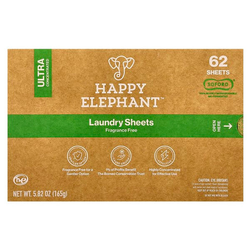 <img alt="Happy Elephant, Laundry Sheets, Fragrance Free, 62 Sheets, 5.82 oz (165 g)" title="Happy Elephant, Laundry Sheets, Fragrance Free, 62 Sheets, 5.82 oz (165 g),843076030089"