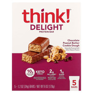 Think , Delight Protein Bar, Chocolate Peanut Butter Cookie Dough, 5 Bars, 1.2 oz (34 g) Each