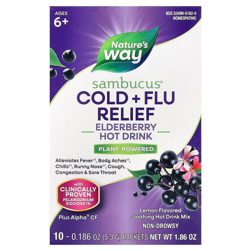 <img alt="Natures Way, Sambucus, Cold + Flu Relief, Elderberry Hot Drink, Ages 6+, Lemon, 10 Packets, 0.186 oz (5.3 g) Each" title="Natures Way, Sambucus, Cold + Flu Relief, Elderberry Hot Drink, Ages 6+, Lemon, 10 Packets, 0.186 oz (5.3 g) Each,033674151822"