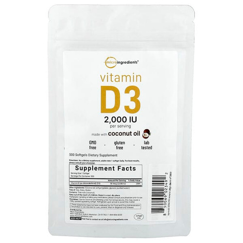 <img alt="Micro Ingredients, Vitamin D3, 2,000 IU, 500 Softgels" title="Micro Ingredients, Vitamin D3, 2,000 IU, 500 Softgels,850069023492"