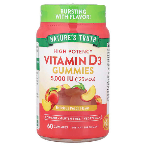 <img alt="Natures Truth, Vitamin D3 Gummies, High Potency, Delicious Peach , 125 mcg (5,000 IU), 60 Gummies" title="Natures Truth, Vitamin D3 Gummies, High Potency, Delicious Peach , 125 mcg (5,000 IU), 60 Gummies,840093117212"