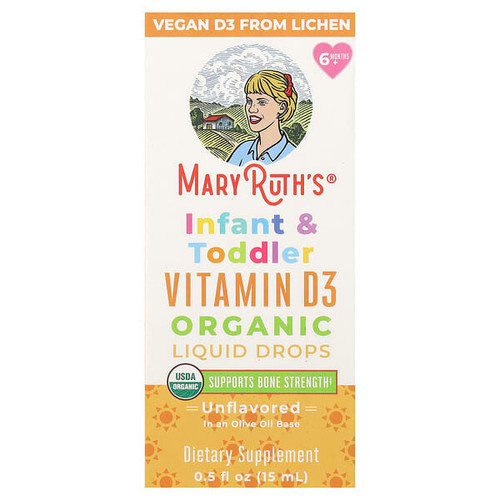 <img alt="MaryRuths, Organic Infant & Toddler Vitamin D3 Liquid Drops, 6 Months+, Unflavored, 0.5 fl oz (15 ml)" title="MaryRuths, Organic Infant & Toddler Vitamin D3 Liquid Drops, 6 Months+, Unflavored, 0.5 fl oz (15 ml),850036700685"