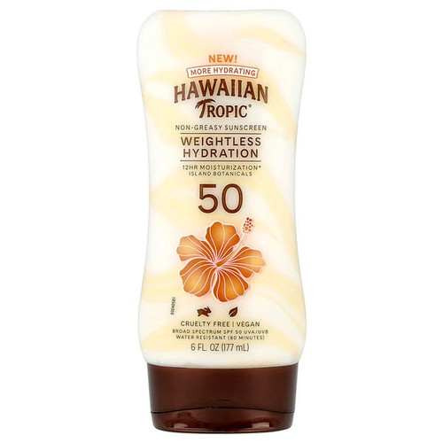 <img alt="Hawaiian Tropic, Weightless Hydration, Non-Greasy Sunscreen, SPF 50, 6 fl oz (177 ml)" title="Hawaiian Tropic, Weightless Hydration, Non-Greasy Sunscreen, SPF 50, 6 fl oz (177 ml),075486091866"