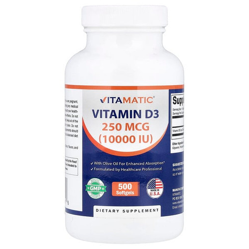 <img alt="Vitamatic, Vitamin D3, 250 mcg (10,000 IU), 500 Softgels" title="Vitamatic, Vitamin D3, 250 mcg (10,000 IU), 500 Softgels,810078473916"