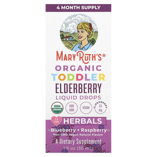 <img alt="MaryRuths, Organic Toddler Elderberry Liquid Drops, Blueberry + Raspberry, 35 mg, 1 fl oz (30 ml)" title="MaryRuths, Organic Toddler Elderberry Liquid Drops, Blueberry + Raspberry, 35 mg, 1 fl oz (30 ml),850018471398"