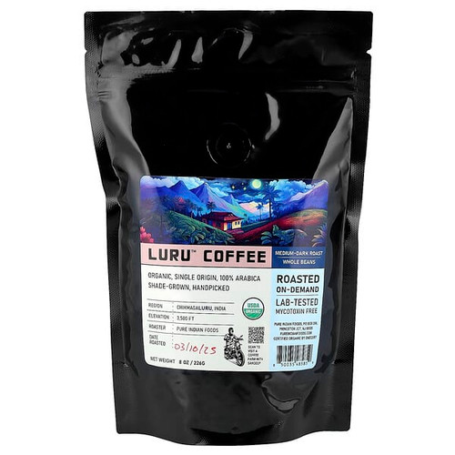 <img alt="Pure Indian Foods, Luru Coffee, Whole Beans, Medium-Dark Roast, 8 oz (226 g)" title="Pure Indian Foods, Luru Coffee, Whole Beans, Medium-Dark Roast, 8 oz (226 g),850035485859"