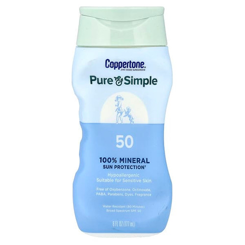 <img alt="Coppertone, Pure & Simple, 100% Mineral Sun Protection, SPF 50, 6 fl oz (177 ml)" title="Coppertone, Pure & Simple, 100% Mineral Sun Protection, SPF 50, 6 fl oz (177 ml),072140028831"