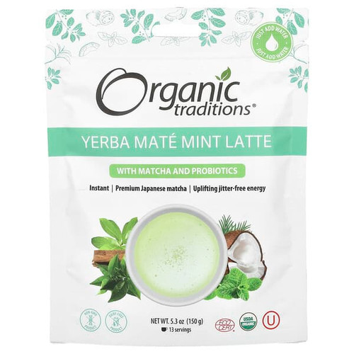 <img alt="Organic Traditions, Yerba Mate Mint Latte with Matcha and Probiotics, 5.3 oz (150 g)" title="Organic Traditions, Yerba Mate Mint Latte with Matcha and Probiotics, 5.3 oz (150 g),627733001687"