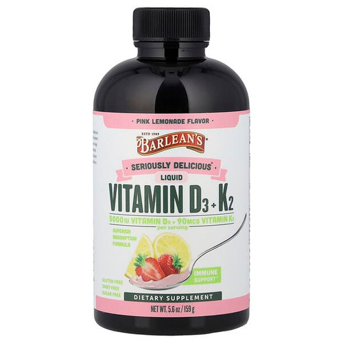 <img alt="Barleans, Seriously Delicious, Liquid Vitamin D3 + K2, Pink Lemonade, 5.6 oz (159 g)" title="Barleans, Seriously Delicious, Liquid Vitamin D3 + K2, Pink Lemonade, 5.6 oz (159 g),705875802420"