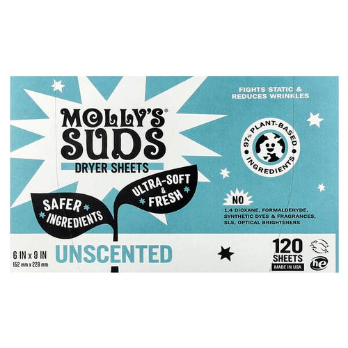 <img alt="Mollys Suds, Dryer Sheets, Unscented, 120 Sheets" title="Mollys Suds, Dryer Sheets, Unscented, 120 Sheets,850024701311"