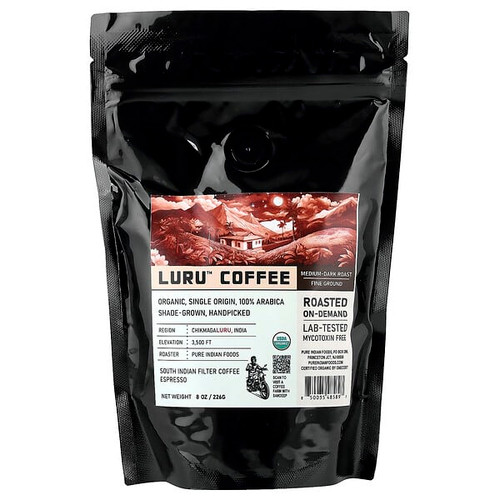 <img alt="Pure Indian Foods, Luru Coffee, Fine Ground, Medium-Dark Roast, 8 oz (226 g)" title="Pure Indian Foods, Luru Coffee, Fine Ground, Medium-Dark Roast, 8 oz (226 g),850035485897"