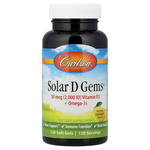 <img alt="Carlson, Solar D Gems, Vitamin D3 + Omega-3s, Natural Lemon, 120 Soft Gels" title="Carlson, Solar D Gems, Vitamin D3 + Omega-3s, Natural Lemon, 120 Soft Gels,088395014710"