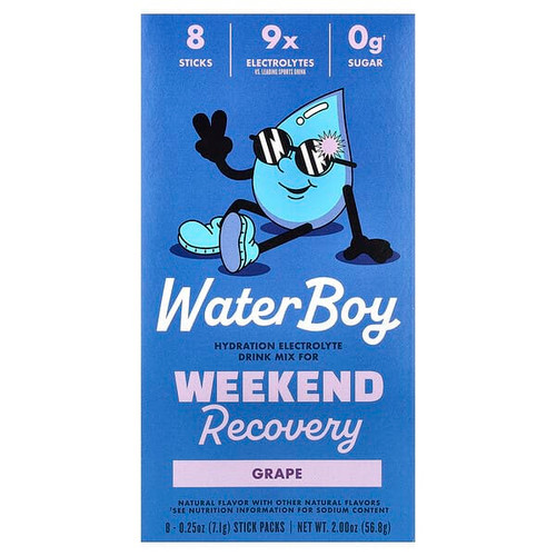 <img alt="Waterboy, Weekend Recovery, Hydration Electrolyte Drink Mix, Grape, 8 Stick Packs, 0.25 oz (7.1 g) Each" title="Waterboy, Weekend Recovery, Hydration Electrolyte Drink Mix, Grape, 8 Stick Packs, 0.25 oz (7.1 g) Each,850038437756"