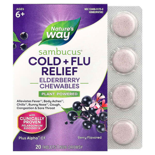 <img alt="Natures Way, Sambucus, Cold + Flu Relief, Elderberry Chewables, Ages 6+, Berry, 20 Tablets" title="Natures Way, Sambucus, Cold + Flu Relief, Elderberry Chewables, Ages 6+, Berry, 20 Tablets,033674151754"