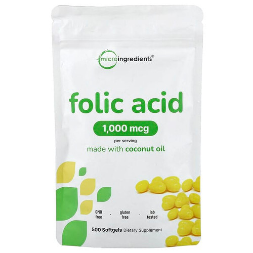 <img alt="Micro Ingredients, Folic Acid, 1,000 mcg, 500 Softgels" title="Micro Ingredients, Folic Acid, 1,000 mcg, 500 Softgels,850015616280"