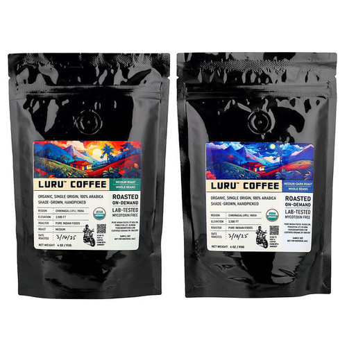 <img alt="Pure Indian Foods, Luru Coffee, Whole Beans Sampler, 2 Packs, 4 oz (113 g) Each" title="Pure Indian Foods, Luru Coffee, Whole Beans Sampler, 2 Packs, 4 oz (113 g) Each,850073156001"