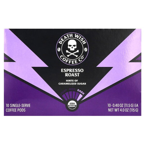 <img alt="Death Wish Coffee, Single-Serve Coffee Pods, Espresso Roast, 10 Pods, 0.4 oz (11.5 g) Each" title="Death Wish Coffee, Single-Serve Coffee Pods, Espresso Roast, 10 Pods, 0.4 oz (11.5 g) Each,810063342531"