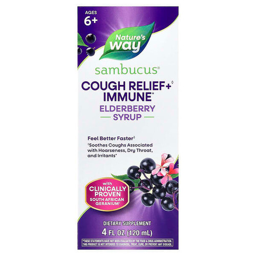 <img alt="Natures Way, Cough Relief + Immune Syrup, Sambucus, Ages 6+, 4 fl oz (120 ml)" title="Natures Way, Cough Relief + Immune Syrup, Sambucus, Ages 6+, 4 fl oz (120 ml),033674136737"