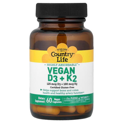 <img alt="Country Life, Vegan D3 + K2, 60 Vegan Capsules" title="Country Life, Vegan D3 + K2, 60 Vegan Capsules,015794080176"