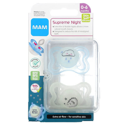 <img alt="MAM, Supreme Night Pacifier, 0-6 Months, Blue-Clear, 2 Count" title="MAM, Supreme Night Pacifier, 0-6 Months, Blue-Clear, 2 Count,845296061546"