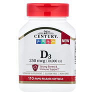 <img alt="21st Century, Vitamin D3, 250 mcg (10,000 IU), 110 Rapid Release Softgels" title="21st Century, Vitamin D3, 250 mcg (10,000 IU), 110 Rapid Release Softgels,740985280607"