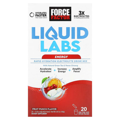 <img alt="Force Factor, Liquid Labs Energy, Rapid Hydration Electrolyte Drink Mix, Fruit Punch, 20 Stick Packs, 0.28 oz (8 g) Each" title="Force Factor, Liquid Labs Energy, Rapid Hydration Electrolyte Drink Mix, Fruit Punch, 20 Stick Packs, 0.28 oz (8 g) Each,818594019427"