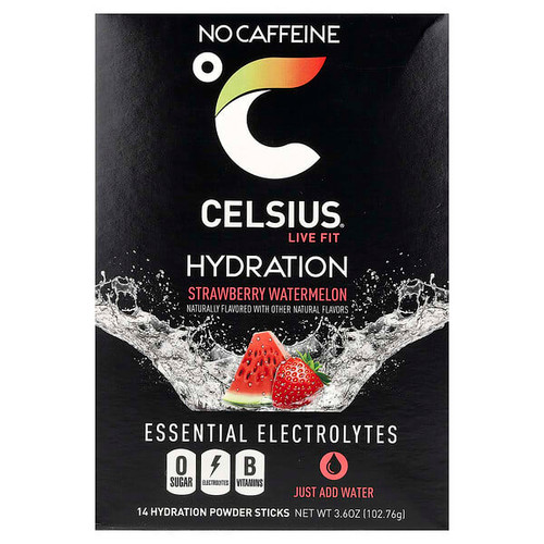 <img alt="Celsius, Live Fit, Hydration, Essential Electrolytes, No Caffeine, Strawberry Watermelon, 14 Hydration Powder Sticks, 0.26 oz (7.28 g) Each" title="Celsius, Live Fit, Hydration, Essential Electrolytes, No Caffeine, Strawberry Watermelon, 14 Hydration Powder Sticks, 0.26 oz (7.28 g) Each,889392002102"