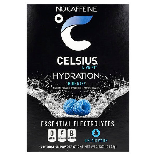 <img alt="Celsius, Live Fit, Hydration, Essential Electrolytes, No Caffeine, Blue Razz, 14 Hydration Powder Sticks, 0.26 oz (7.28 g) Each" title="Celsius, Live Fit, Hydration, Essential Electrolytes, No Caffeine, Blue Razz, 14 Hydration Powder Sticks, 0.26 oz (7.28 g) Each,889392002225"