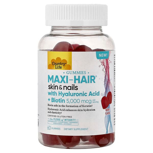 <img alt="Country Life, Maxi-Hair Skin & Nails Gummies with Hyaluronic Acid + Biotin, Berry, 60 Gummies" title="Country Life, Maxi-Hair Skin & Nails Gummies with Hyaluronic Acid + Biotin, Berry, 60 Gummies,015794050490"
