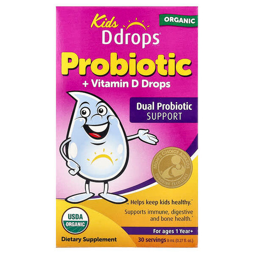 <img alt="Ddrops, Kids, Organic Probiotic + Vitamin D Drops, For Ages 1 year+, 0.27 fl oz (8 ml)" title="Ddrops, Kids, Organic Probiotic + Vitamin D Drops, For Ages 1 year+, 0.27 fl oz (8 ml),814947000630"