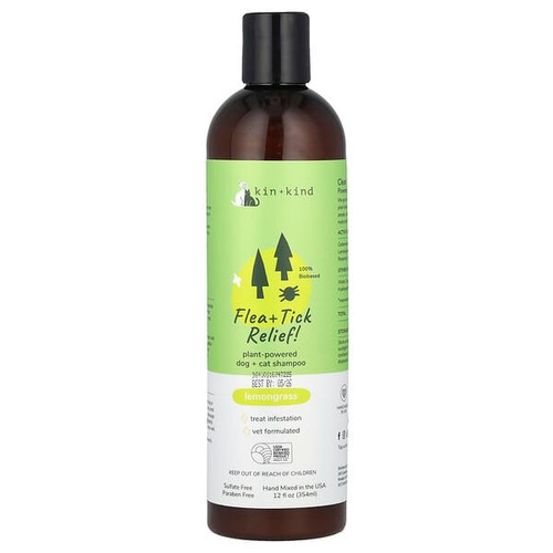 <img alt="Kin+Kind, Flea + Tick Relief, Plant-Powered Dog + Cat Shampoo, Lemongrass, 12 fl oz (354 ml)" title="Kin+Kind, Flea + Tick Relief, Plant-Powered Dog + Cat Shampoo, Lemongrass, 12 fl oz (354 ml),850027253640"