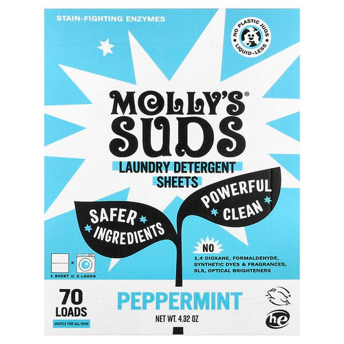 <img alt="Mollys Suds, Laundry Detergent Sheets, Peppermint, 35 Sheets" title="Mollys Suds, Laundry Detergent Sheets, Peppermint, 35 Sheets,850024701854"